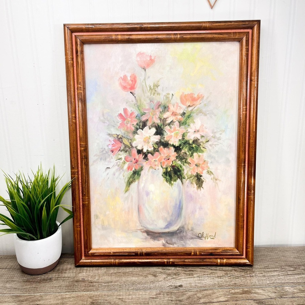 Vintage Floral Art in‎ Wooden Frame - Pink Still Life Painting
